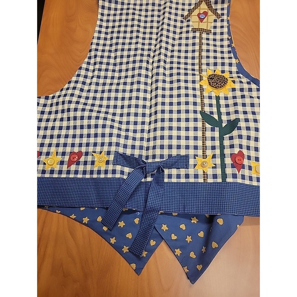 Vintage Cottagecore Patchwork Vest Sunflower Birdhouse Gingham Blue Artisan Sz L - Picture 8 of 12
